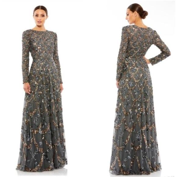 Mac Duggal Charcoal Embellished Illusion High Neck L/S A Line Gown [ 24 ]‎ - Picture 1 of 13